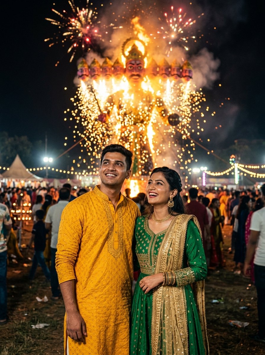 Ravan dahan prompt copy paste - Indian couple watching burning ravan effigy fireworks