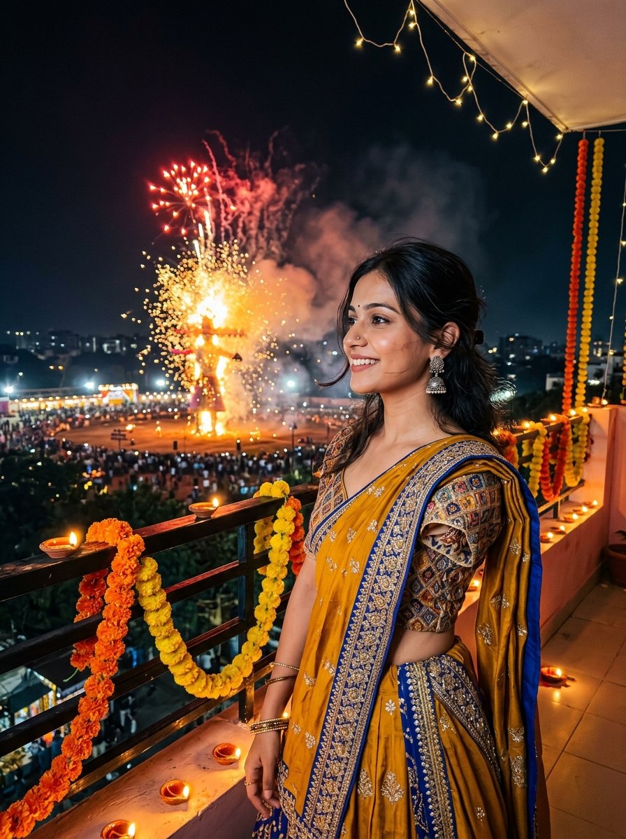 Ravan dahan prompt - Indian girl watching ravan dahan from decorated terrace with diyas