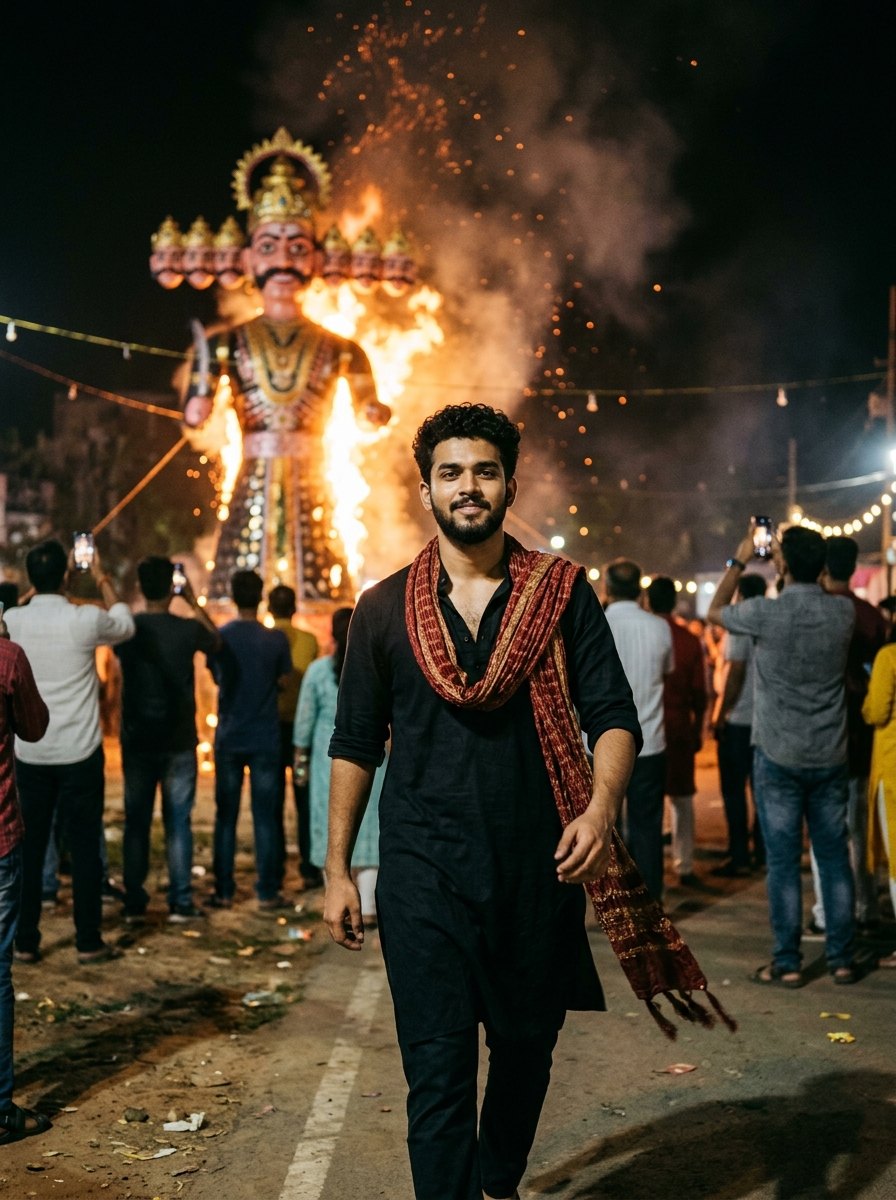 Ravan dahan ai prompt - Handsome Indian youth walking away from burning ravan explosion