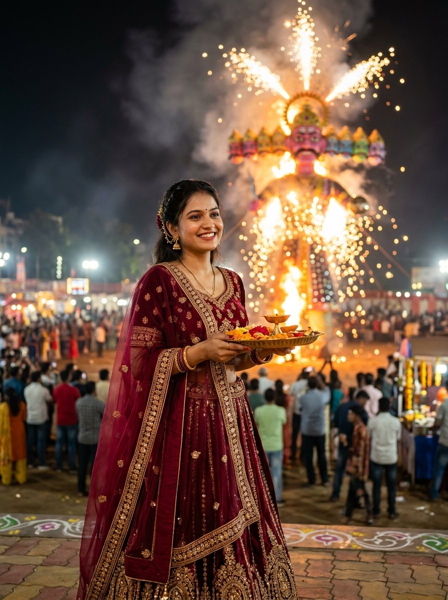 Ravan dahan gemini prompt for girl - Indian girl in maroon lehenga with puja thali and burning ravan