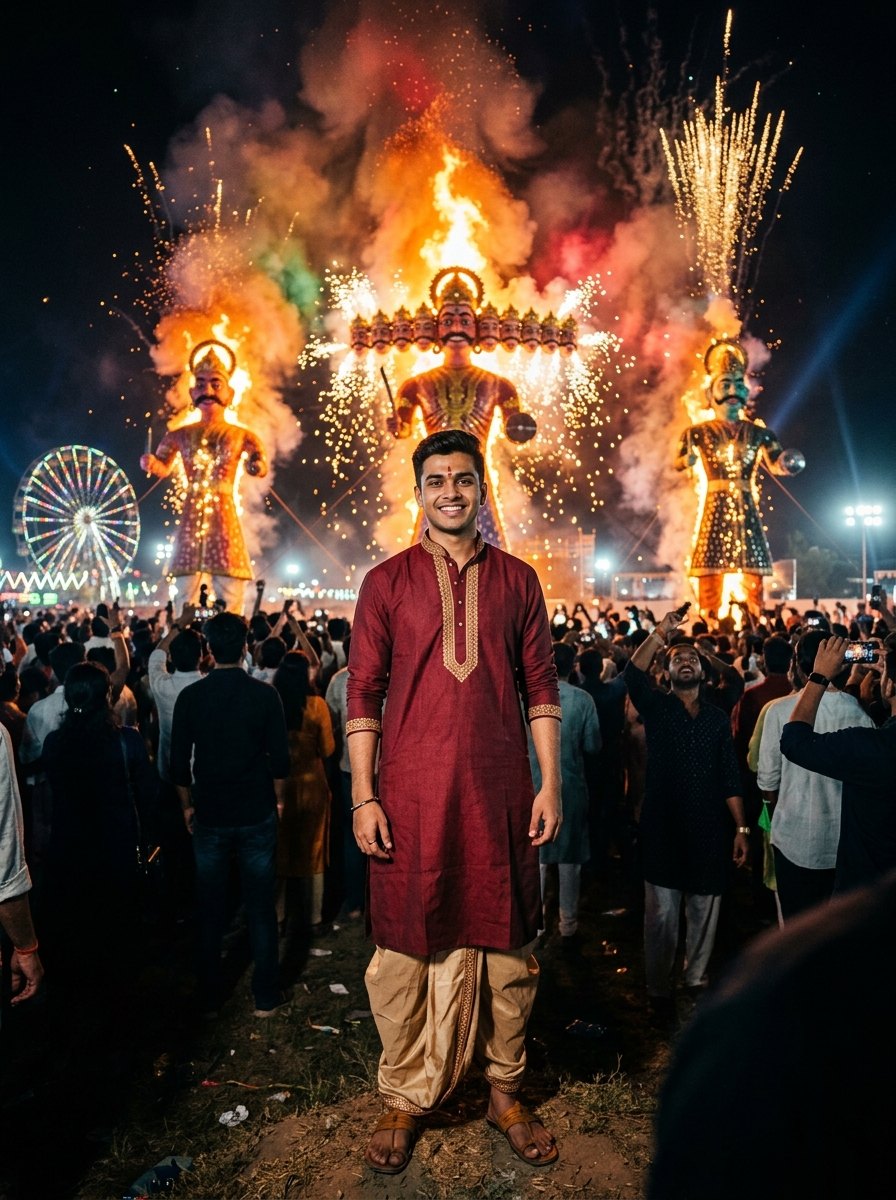 Ravan dahan prompt - Indian boy with three burning effigies of ravan kumbhakaran and meghnad