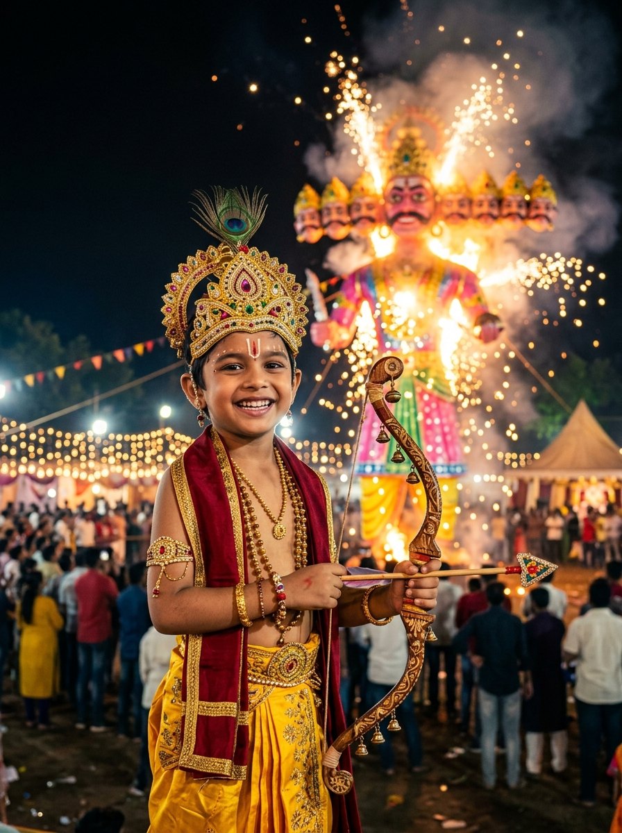Ravan dahan prompt - Cute little Indian boy dressed as Lord Ram with burning ravan effigy