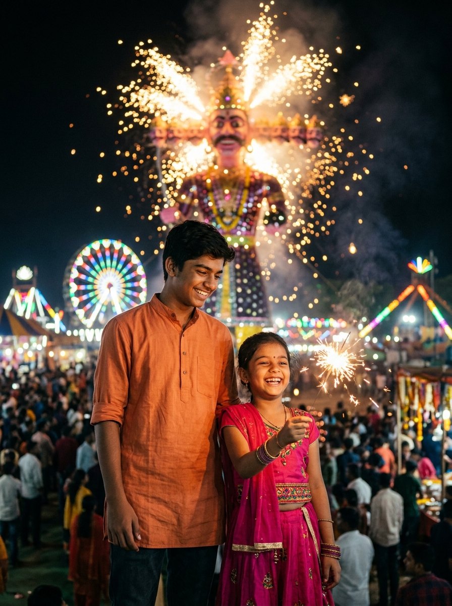 Ravan dahan prompt - Brother and sister holding sparkler at dussehra mela with burning ravan