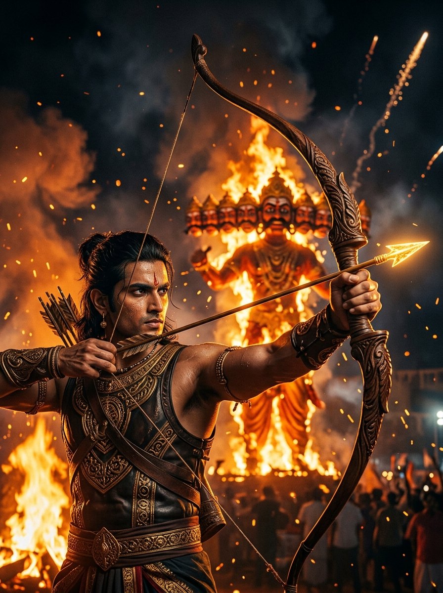 Ravan dahan prompt - Indian warrior prince close up drawing bow string with burning ravan background