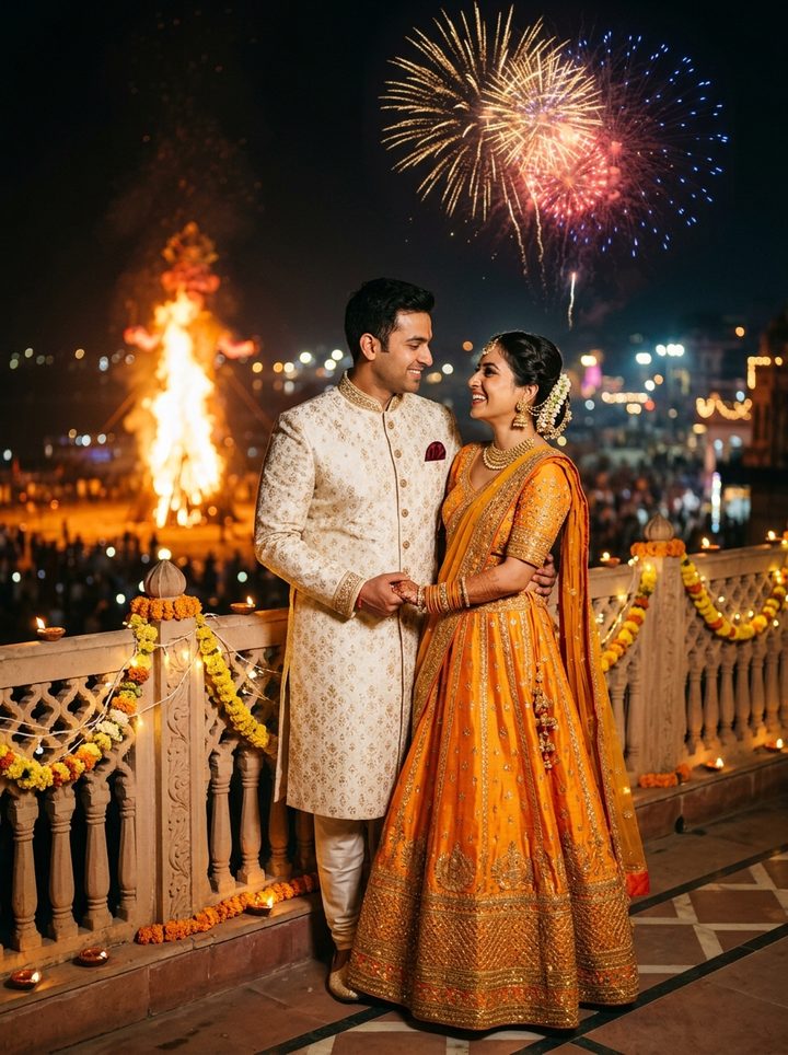 Romantic Couple Rooftop Fireworks Dussehra AI Photo Editing Prompt for Couple
