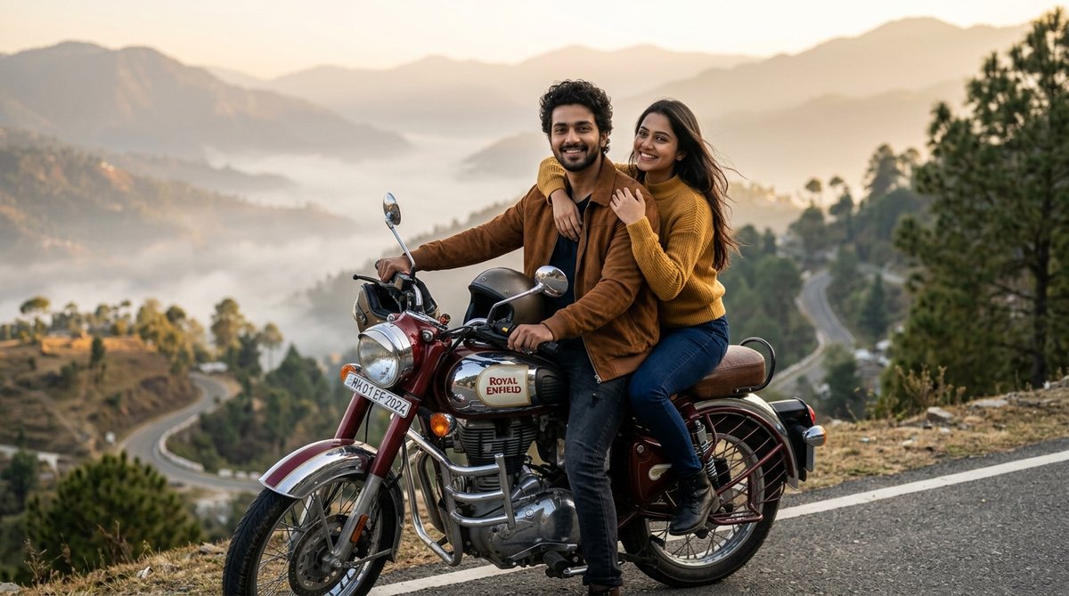 Romantic mountain valley couple ride Royal Enfield Classic 350 AI photo prompt