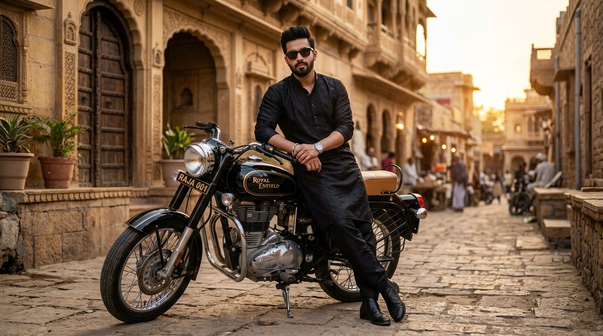 Royal heritage haveli Pathani kurta swagger Royal Enfield Bullet prompt