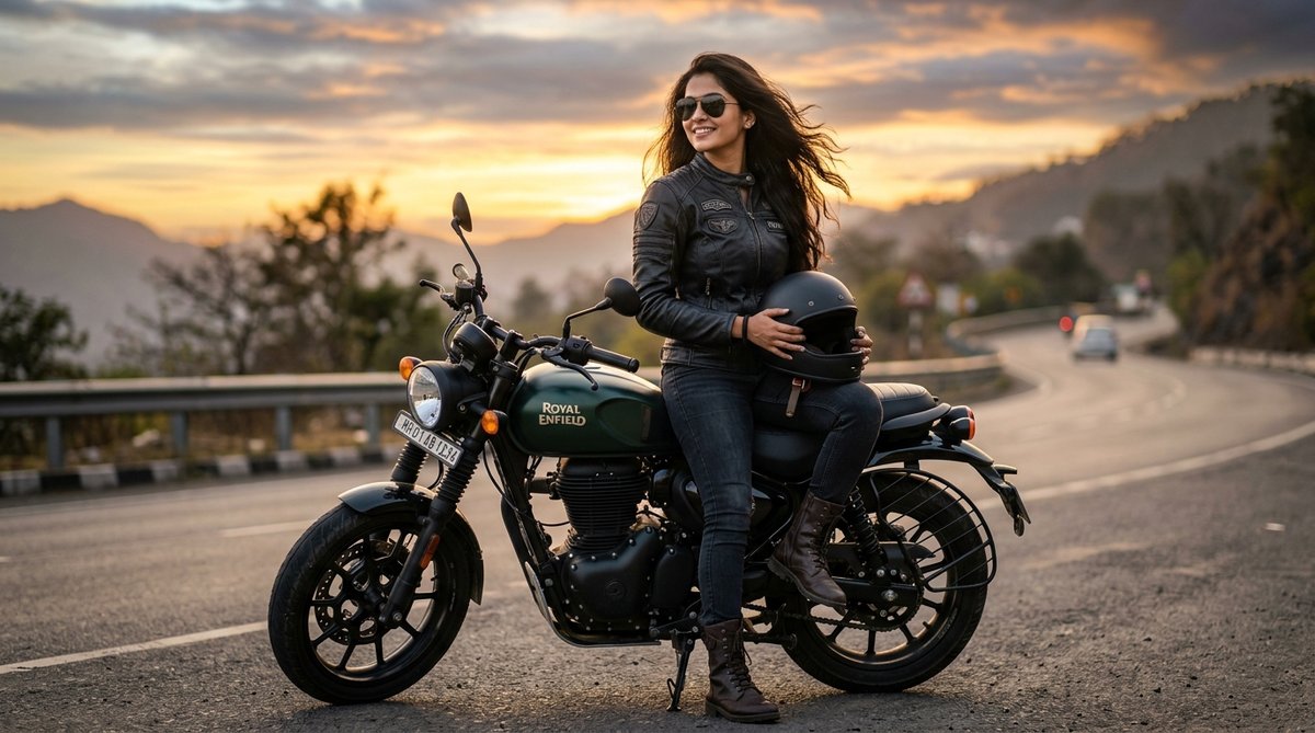 Royal Enfield Hunter 350 girl biker sunset portrait AI photo editing prompt