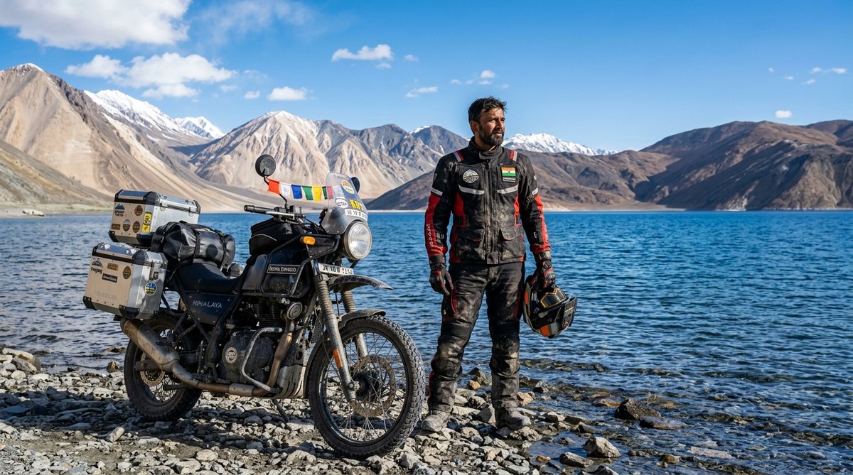 Pangong Lake Ladakh Himalayan expedition Royal Enfield AI photo prompt