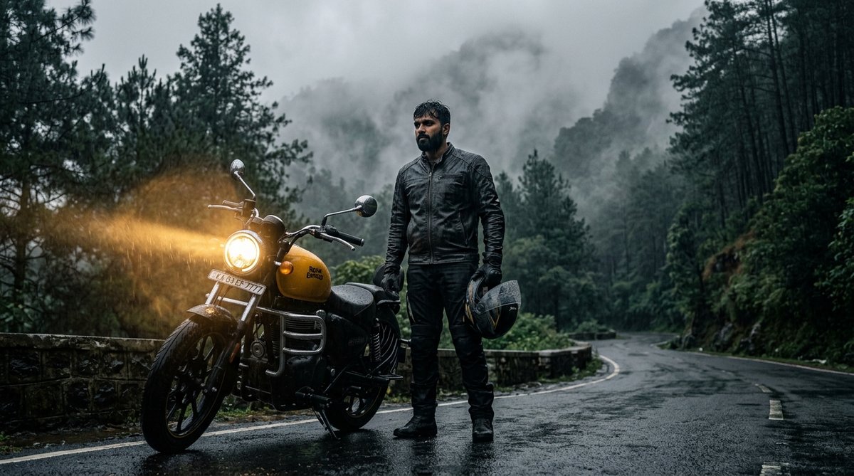 Monsoon fog pine forest Royal Enfield Meteor 350 AI photo prompt
