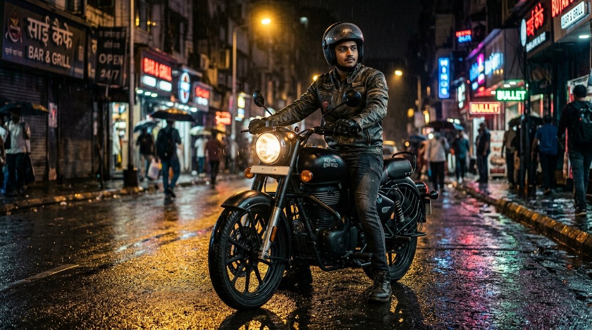 Midnight wet asphalt neon rain Royal Enfield Bullet AI photo editing prompt