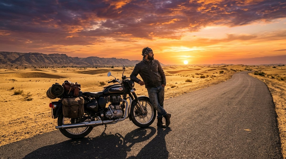Rajasthan Thar desert dunes sunset highway Royal Enfield Bullet prompt