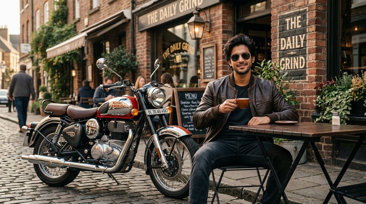 Vintage red and chrome Royal Enfield Classic 350 outside cafe prompt