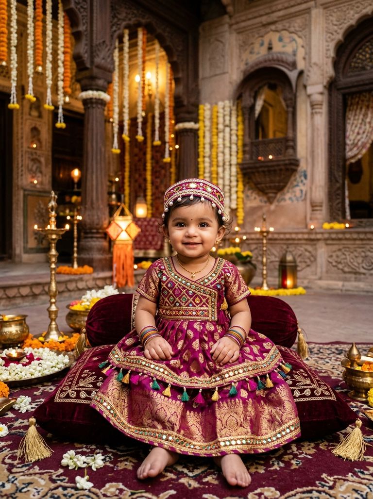 Royal Gujarati baby girl Navratri AI photo prompt in silk kediyu