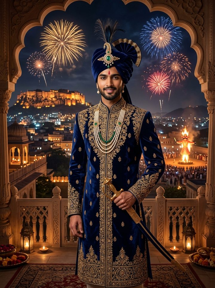 Royal Prince Sherwani Dussehra AI Photo Editing Prompt for Boys