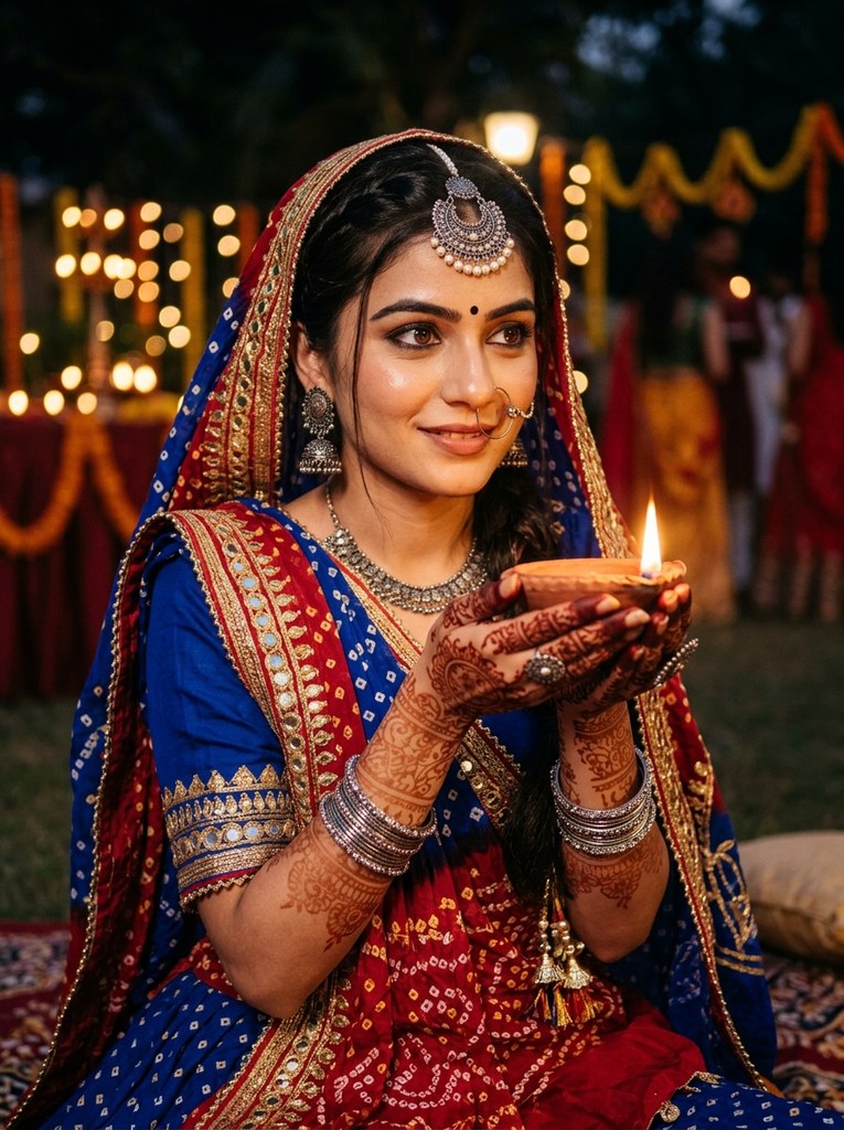 Royal Rajasthani Bandhani Navratri prompt for Gemini girl close-up with glowing diya