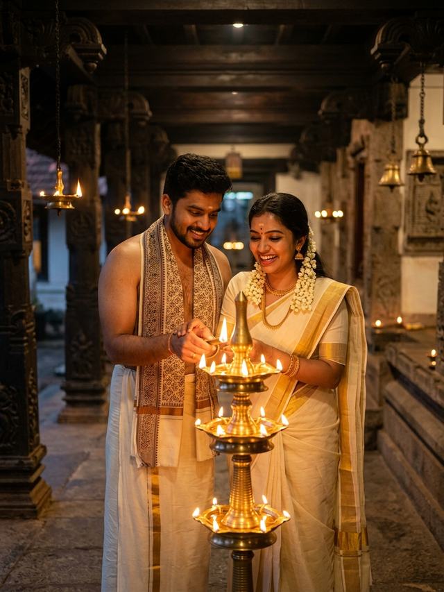 Sacred Nilavilakku Oil Lamp Lighting - Traditional Kerala Onam Couple Prompt for Gemini