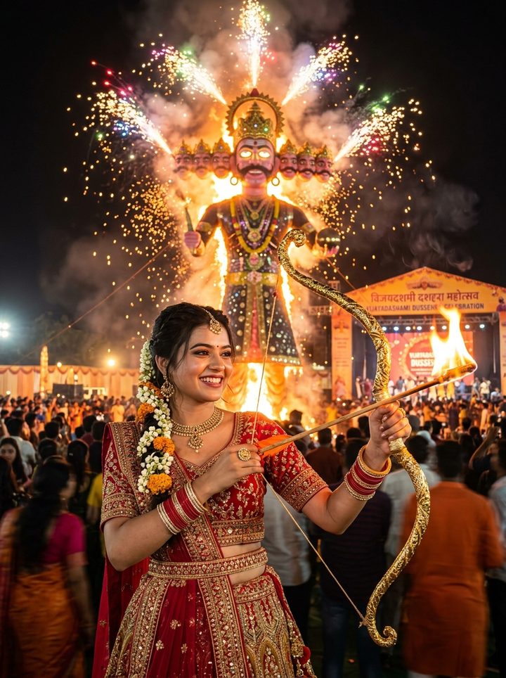 Indian Girl Aiming Golden Bow at Ravan Dahan Dussehra AI Photo Editing Prompt for Girl