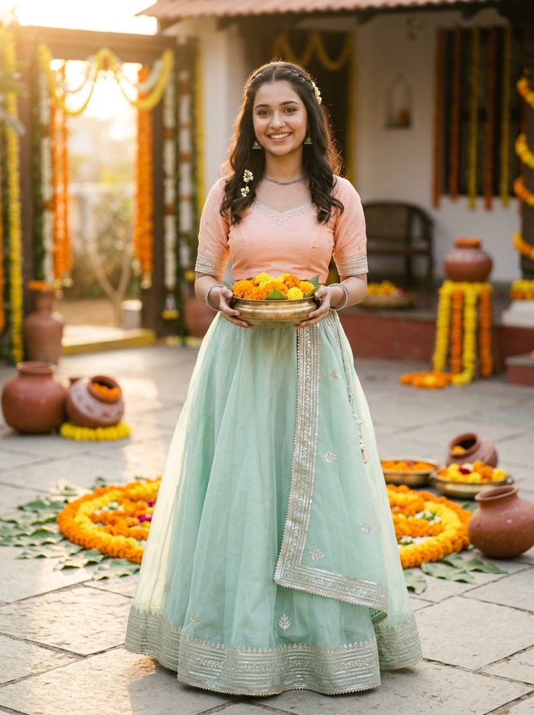 Navratri prompt for Gemini girl simple pastel chaniya choli aesthetic portrait