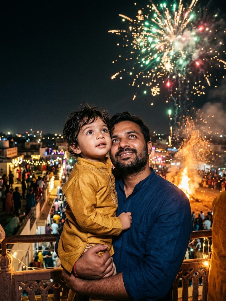 Toddler Boy Gazing at Ravan Dahan Fireworks in Father's Arms Dussehra Prompt