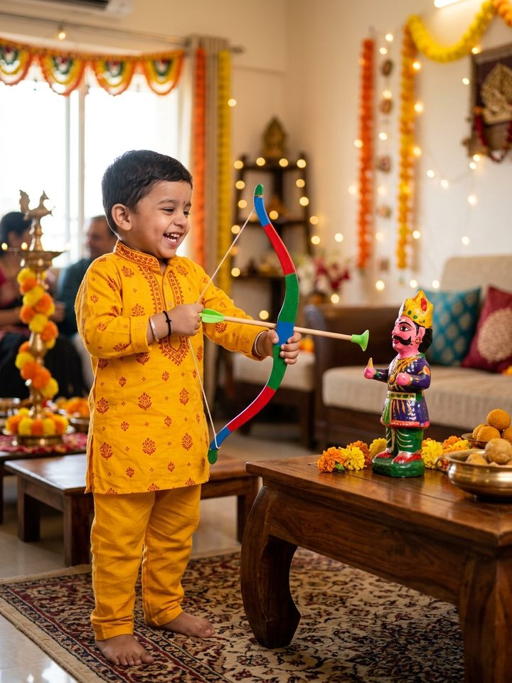Toddler Boy Toy Arrow Mini Ravana Dussehra Photo Editing Prompt for Gemini