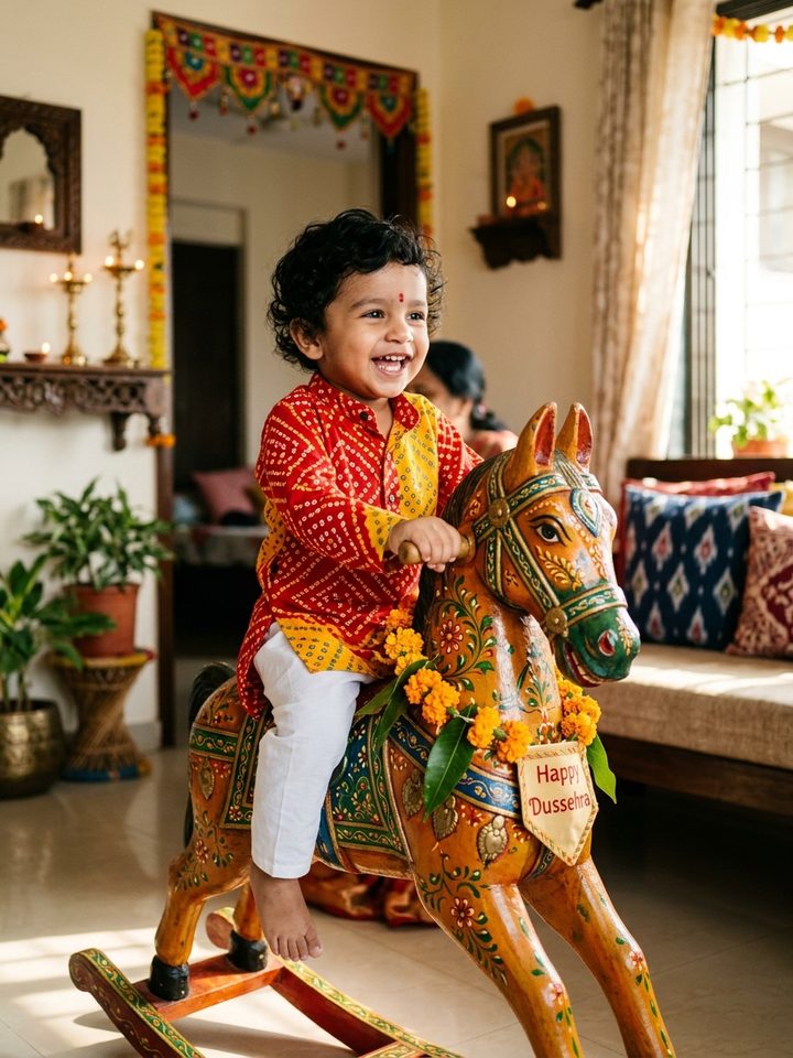 Toddler Boy Wooden Rocking Horse Dussehra AI Photo Editing Prompt