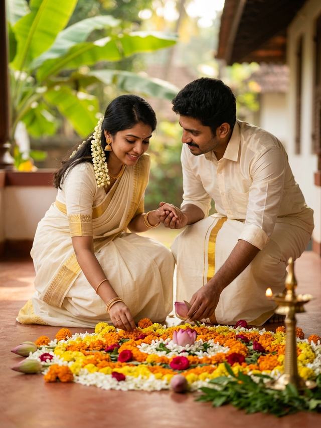 Traditional Kasavu Saree and Floral Pookkalam - Onam Prompt for Couple 2026 AI Photo
