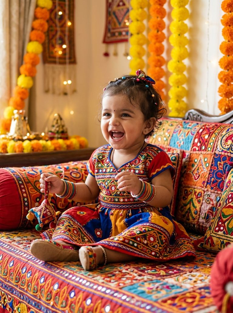 Traditional Navratri baby girl AI photo prompt with mirror work chaniya choli
