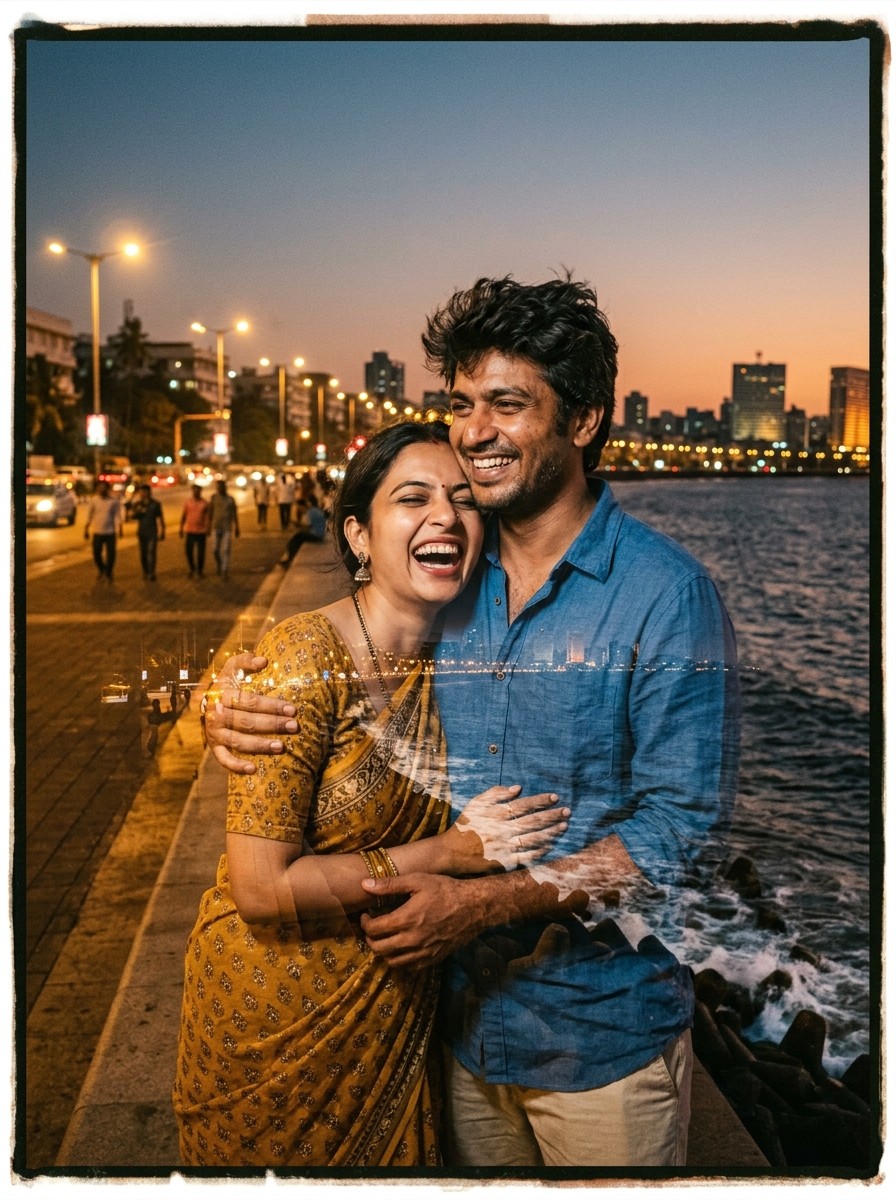 Gemini couple romantic prompt - Joyful Indian couple laughing at Mumbai Marine Drive double exposure