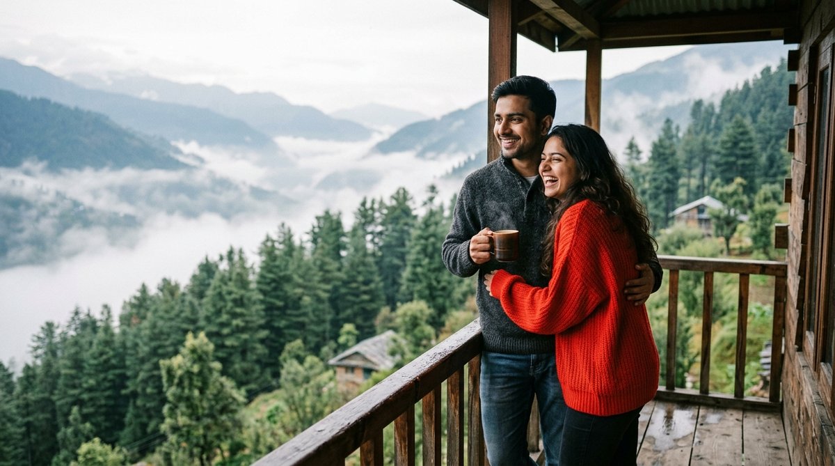 Viral prompt chatgpt photo editing mountain cabin balcony couple in red sweater overlooking mist