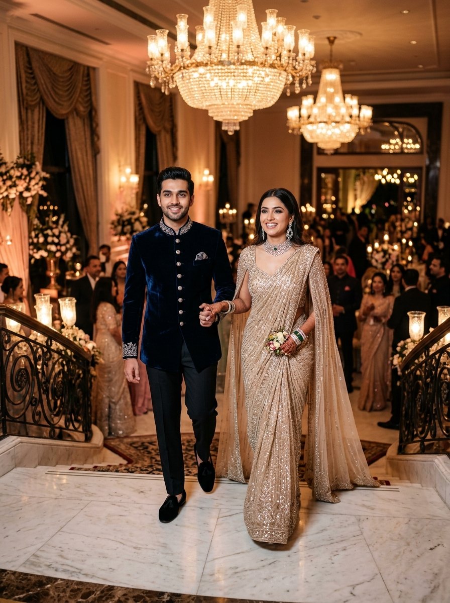 Wedding couple prompts for chatgpt free - Glamorous reception entry in velvet bandhgala and champagne gold gown