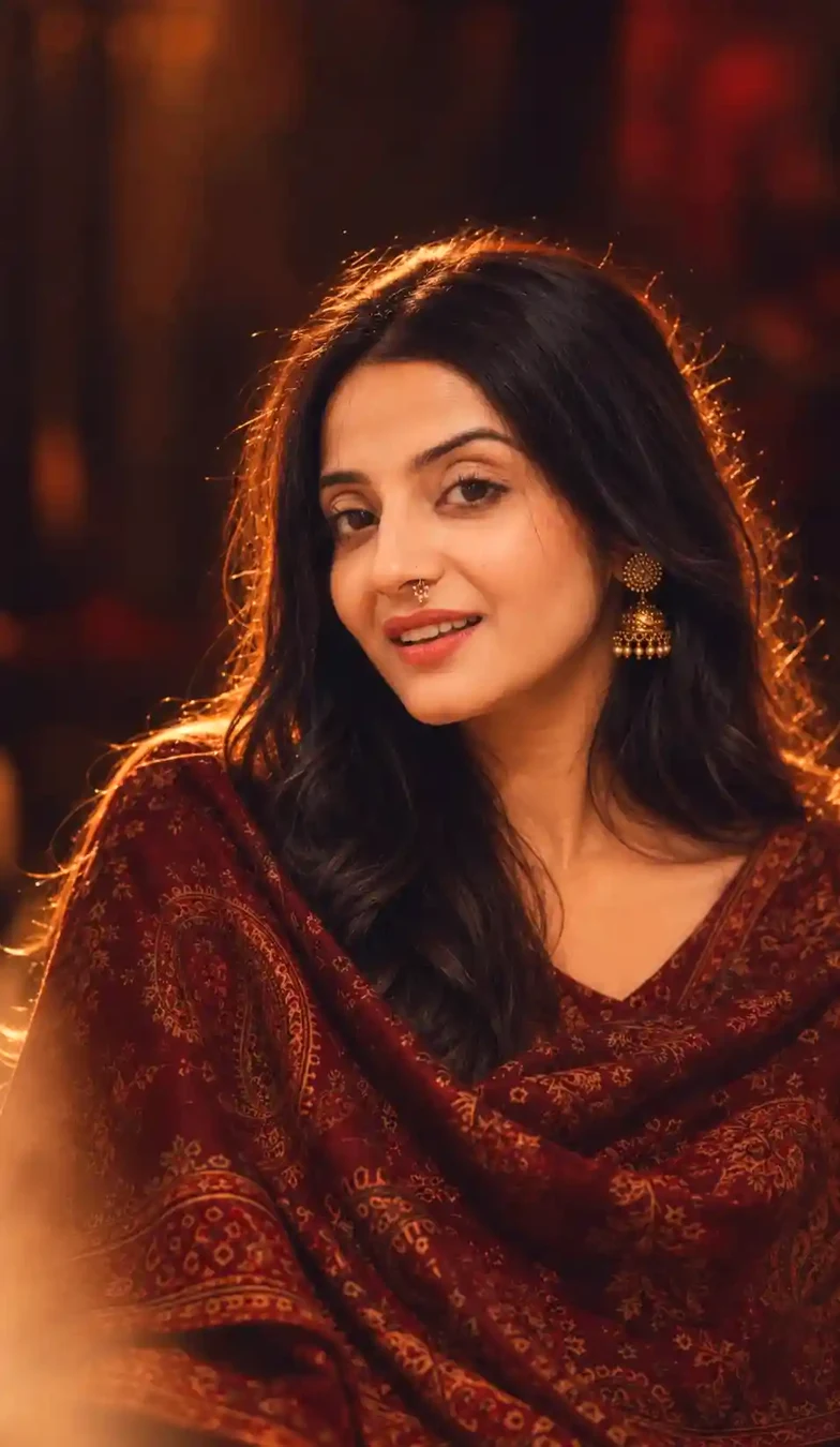 Alfaaz AI photo editing prompt cinematic girl in maroon burgundy saree with warm color grading
