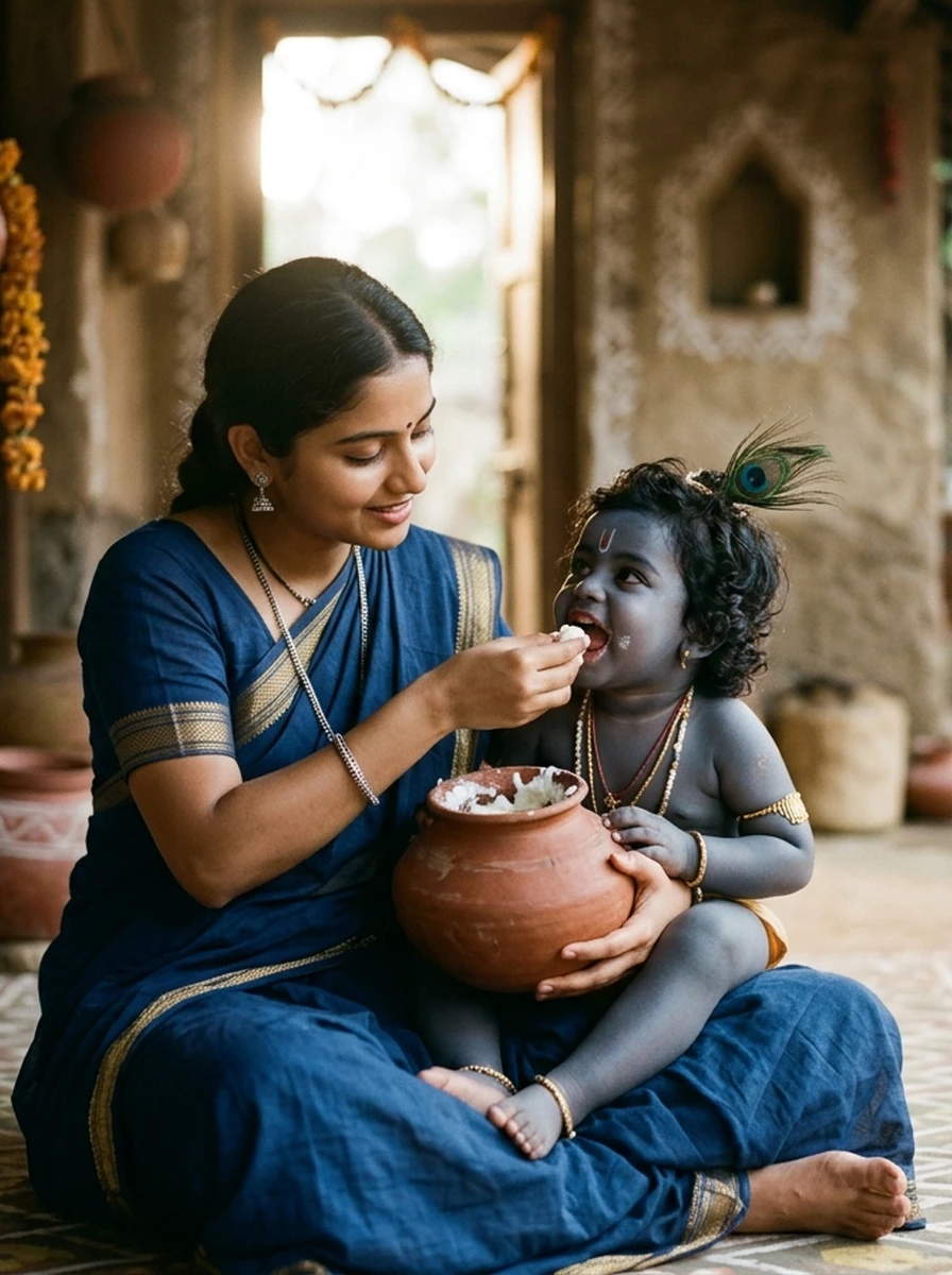 Baby krishna with mother yashoda prompt: Mother Yashoda lovingly feeding freshly churned butter to toddler Krishna in Gokul courtyard
