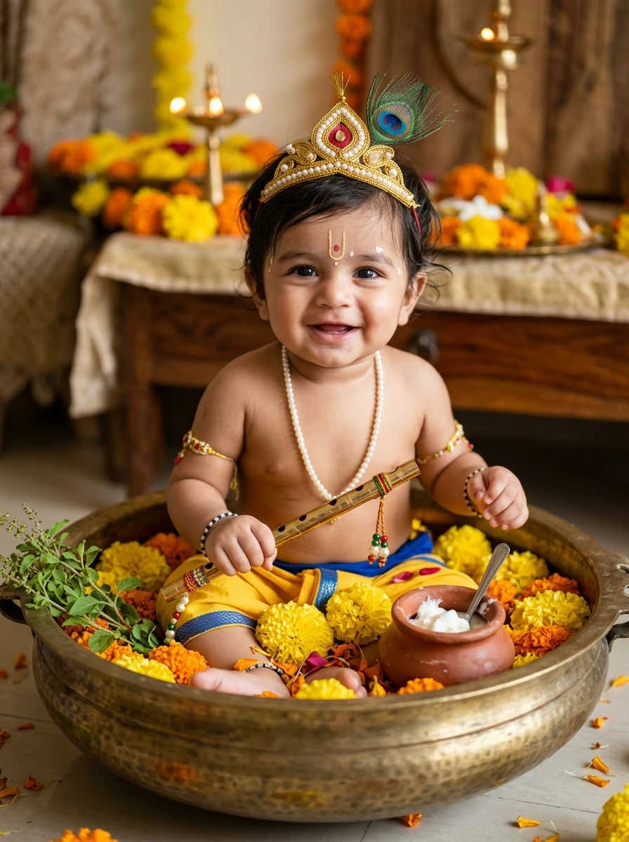 Baby krishna photoshoot ideas at home: 1-year-old baby boy dressed as Krishna seated in floral brass urli