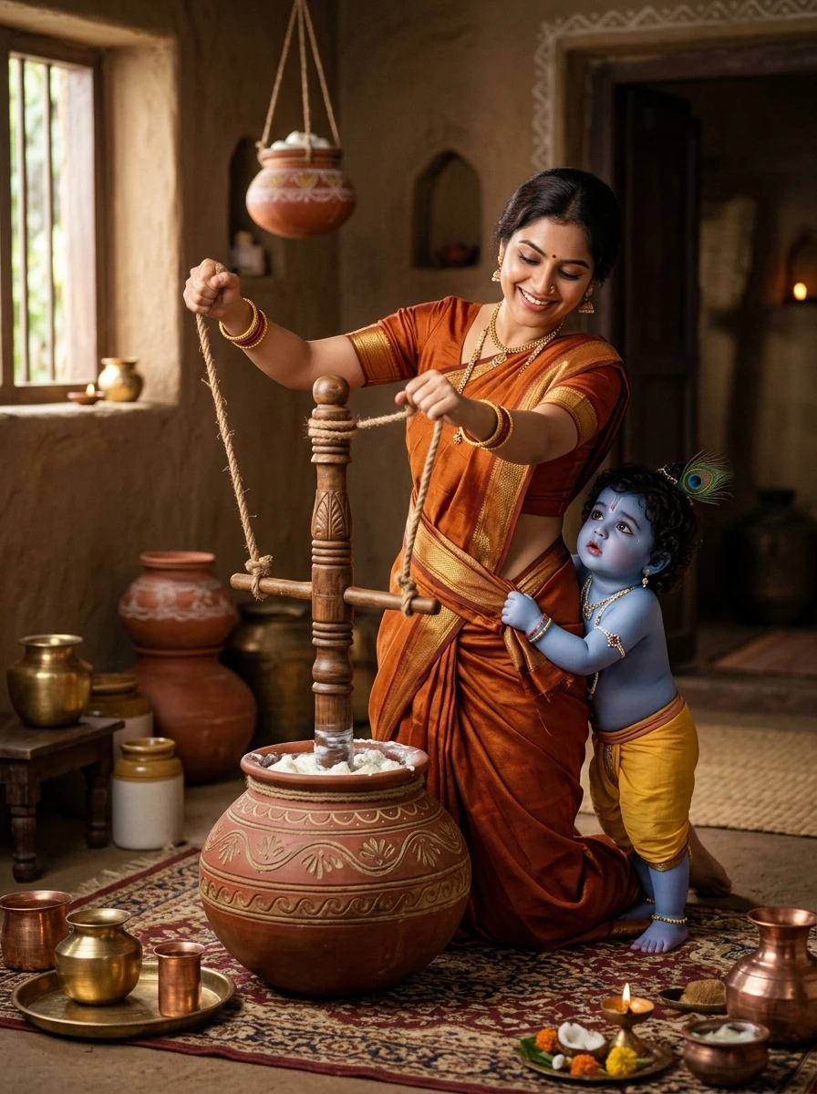 Kanha and yashoda maiya photoshoot: Mother Yashoda pulling ropes of wooden churner while baby Krishna clings to her saree