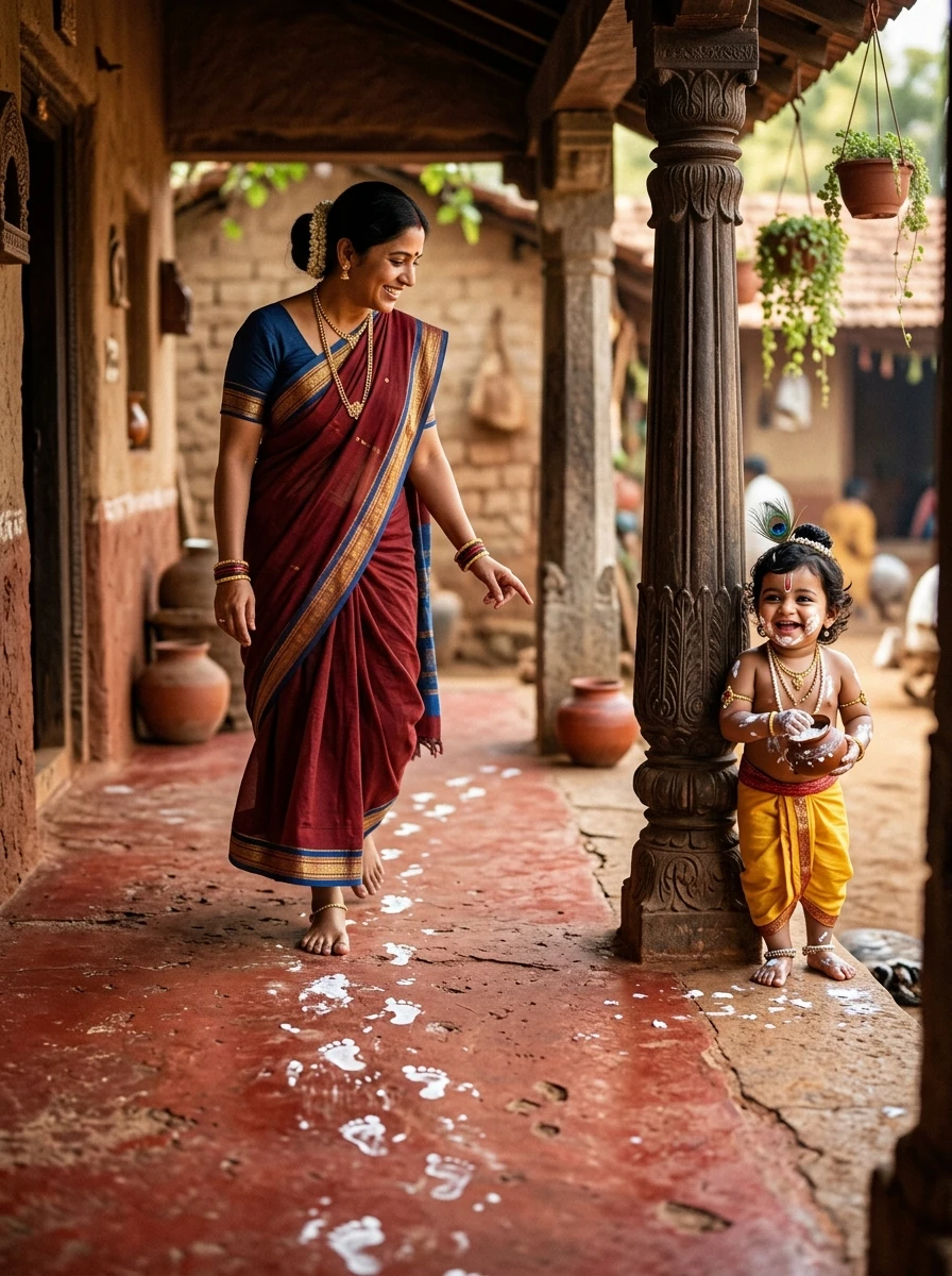 Boy baby krishna with mother yashoda prompt: Yashoda discovering giggling toddler Krishna hiding behind carved pillar with butter footprints