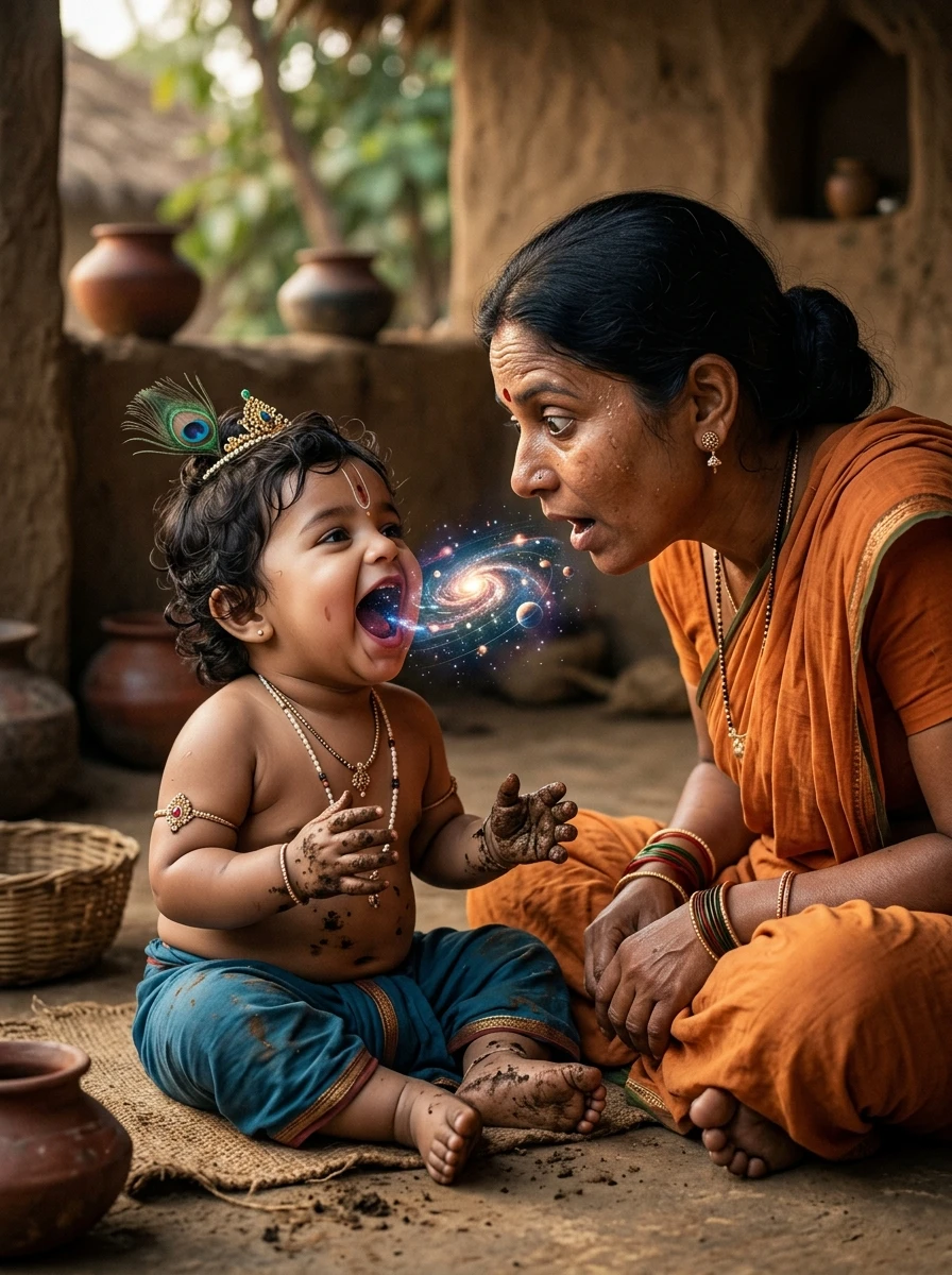 Mother yashoda and baby krishna photoshoot prompt: Yashoda looking in wonder into toddler Krishna's mouth revealing swirling cosmic galaxies