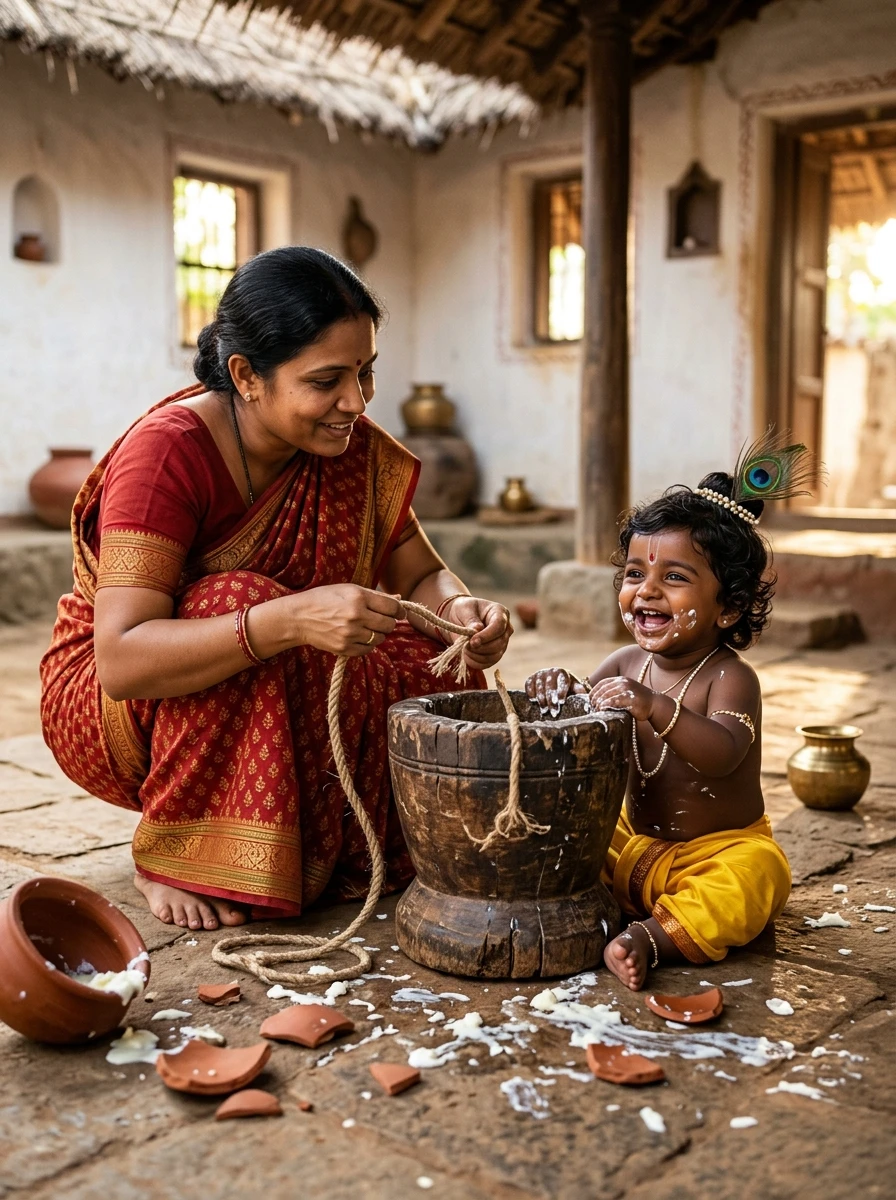 Boy baby krishna with mother yashoda prompt: Yashoda trying to tie toddler Krishna to wooden mortar with rope