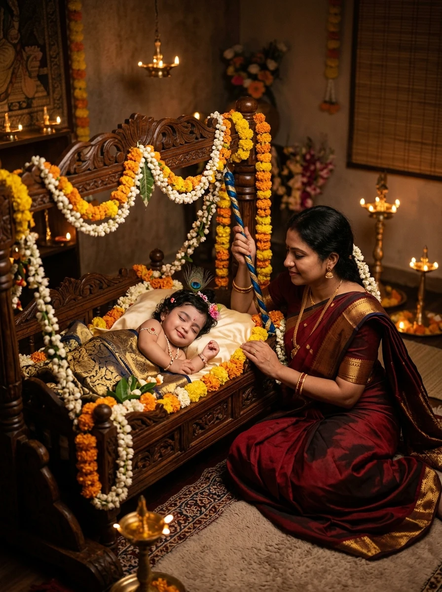 Baby krishna with mother yashoda ai prompt: Sleeping baby Krishna in carved wooden cradle decorated with kadamba flowers