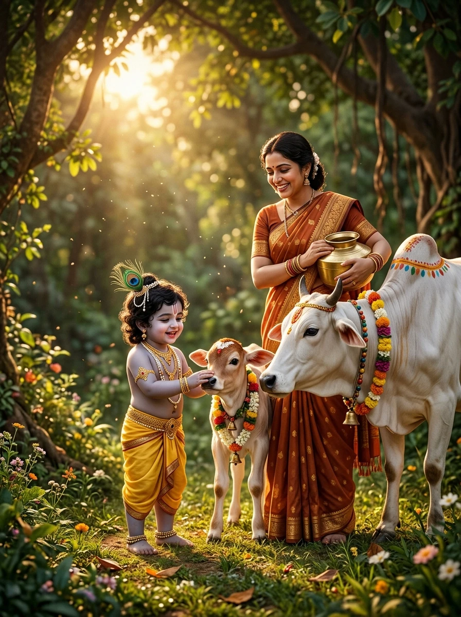 Baby krishna ideas: Toddler Krishna gently stroking a white calf beside Mother Yashoda in Gokul pasture
