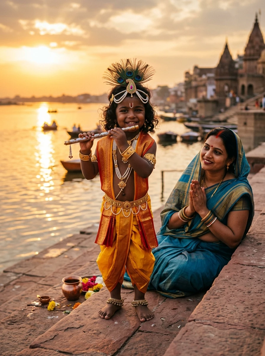 Gemini ai baby krishna prompt: Toddler Krishna holding silver flute to his lips on red stone ghat at sunset