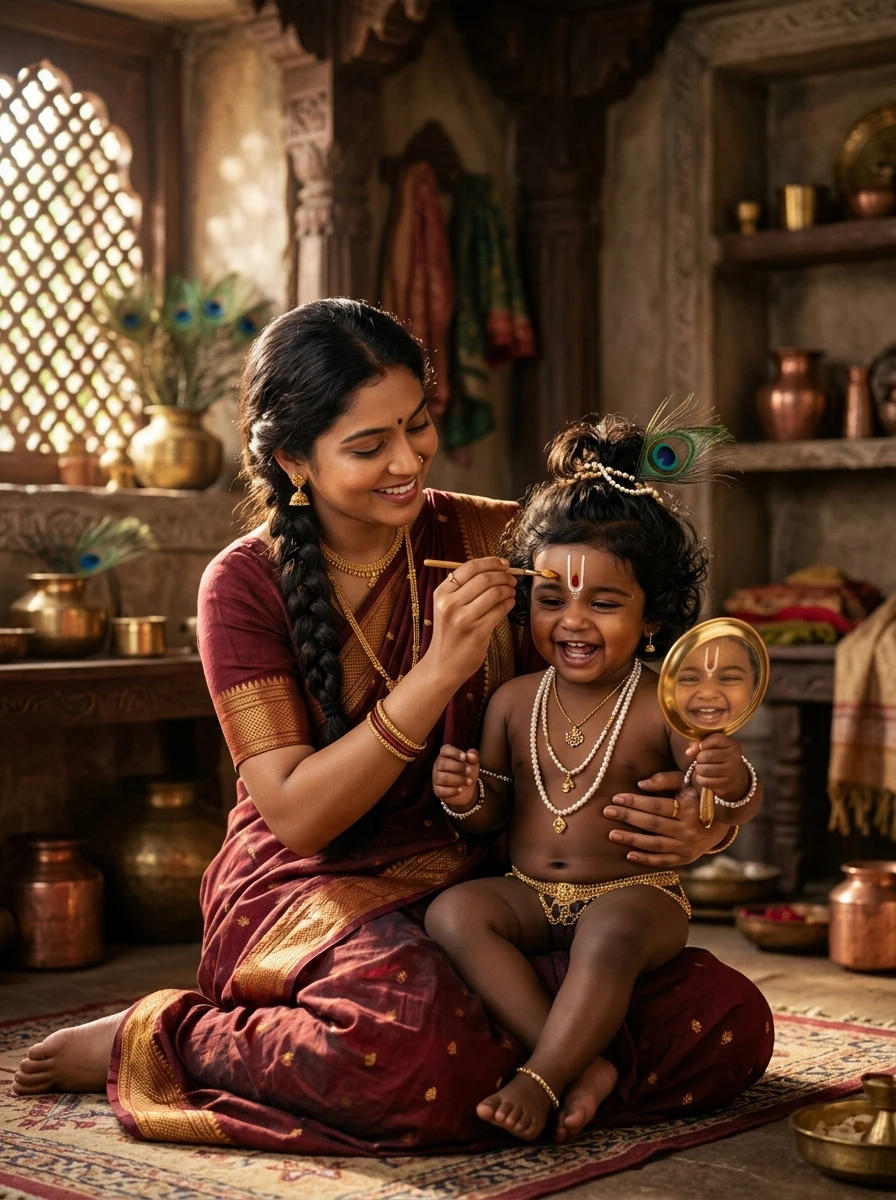Mother yashoda and baby krishna photoshoot prompt: Yashoda applying sandalwood tilak and mor pankh to Kanha