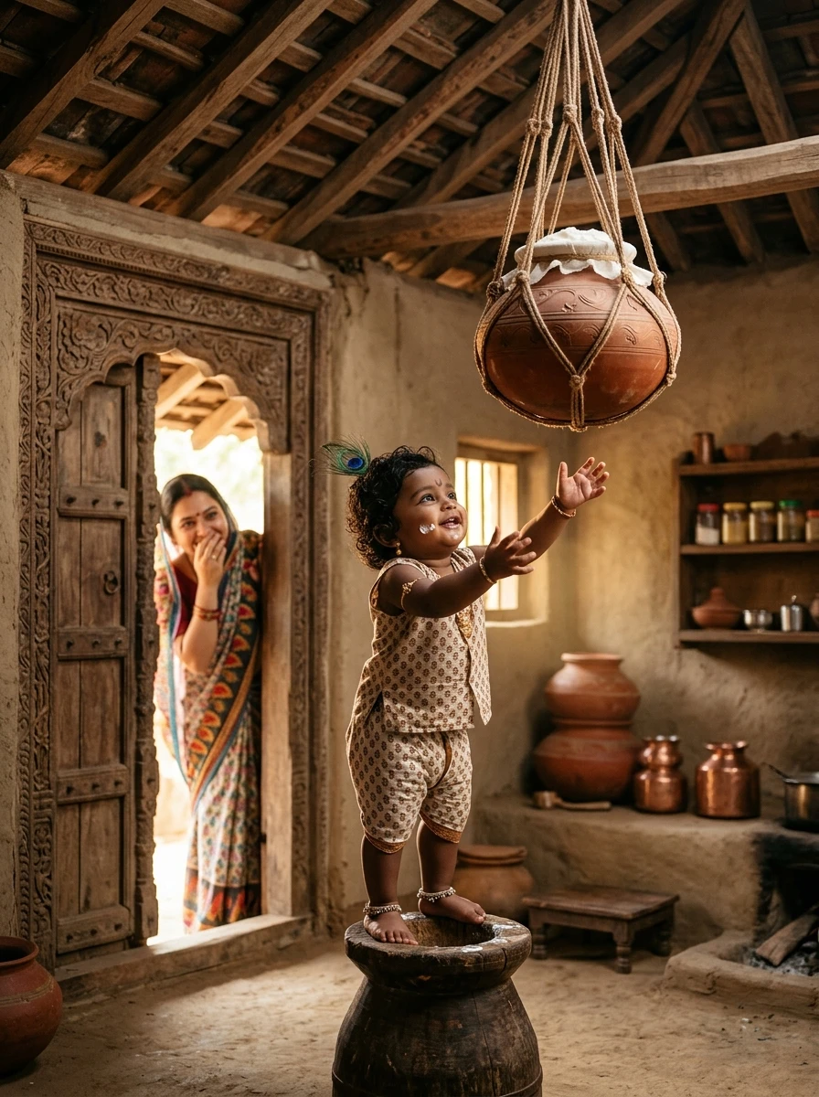 Baby krishna with mother yashoda prompt: Toddler Krishna balancing on mortar to reach hanging butter pot