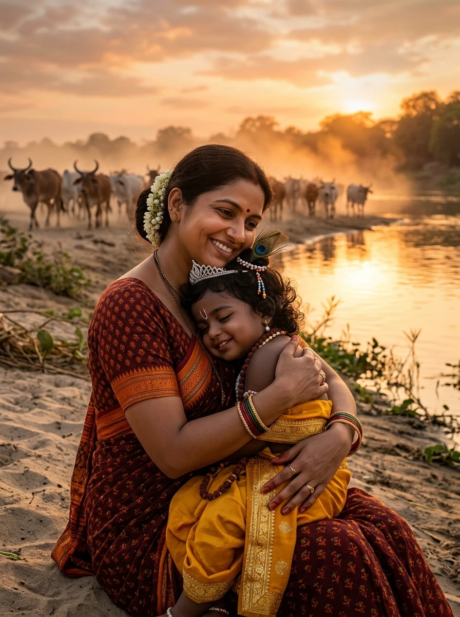 Baby krishna with mother yashoda ai prompt: Mother Yashoda hugging baby Krishna during Godhuli sunset by Yamuna