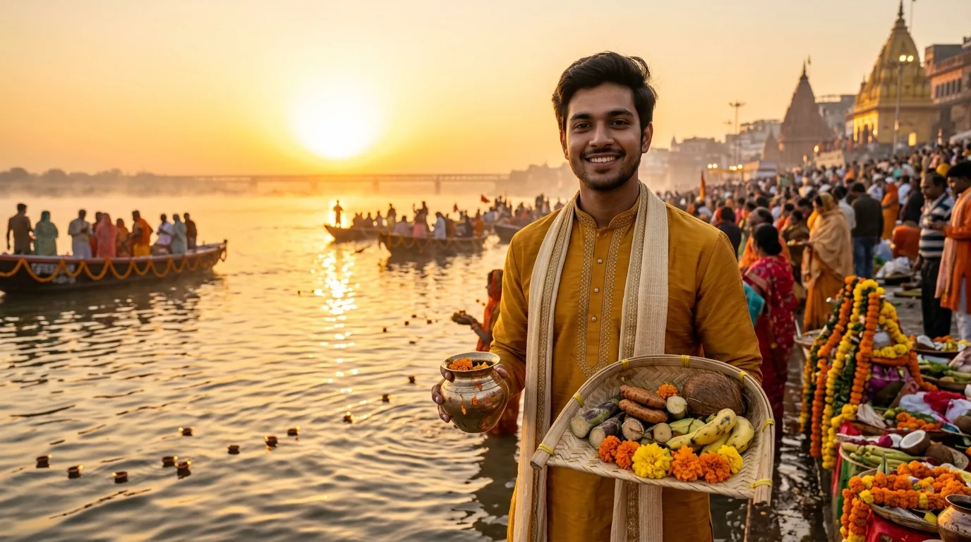 Chhath Puja Prompt Gemini AI Photo Boy banner featuring handsome young man in yellow kurta celebrating Chhath Puja at sunrise river ghat