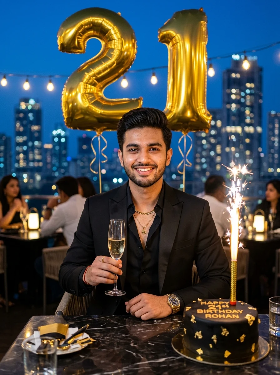ChatGPT birthday prompt for boy - 21st birthday luxury rooftop with gold balloons and sparkler cake