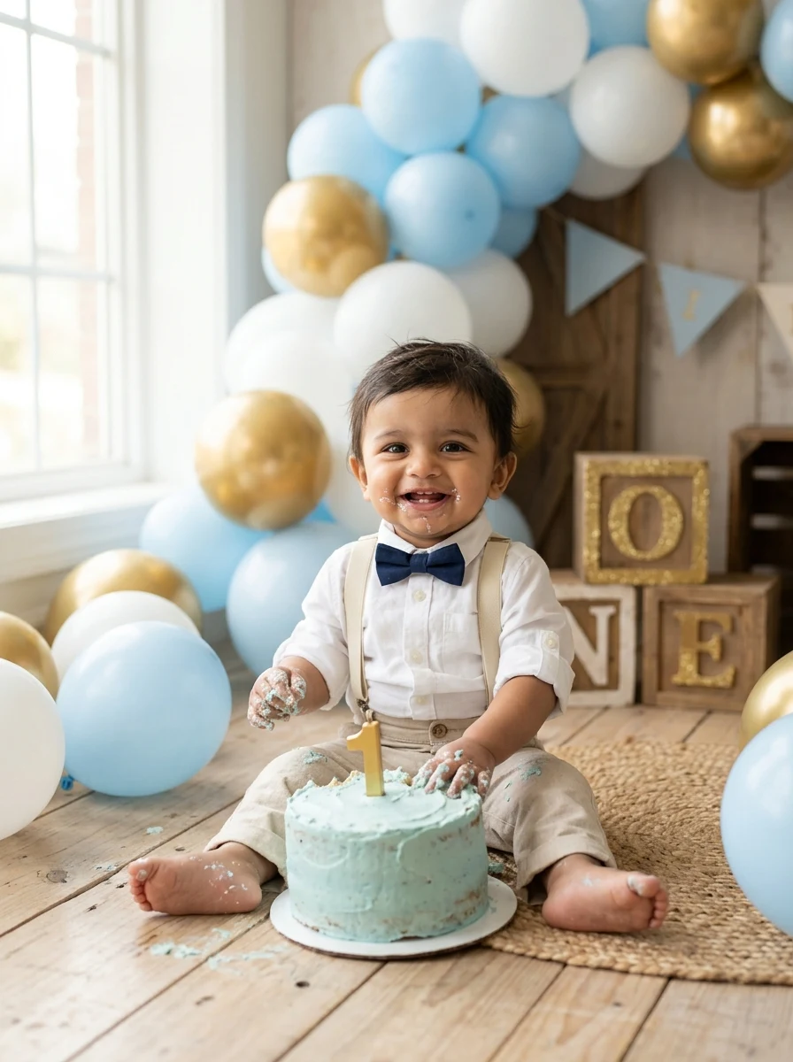 1st birthday prompt for baby boy - cute cake smash with blue balloons and wooden ONE blocks