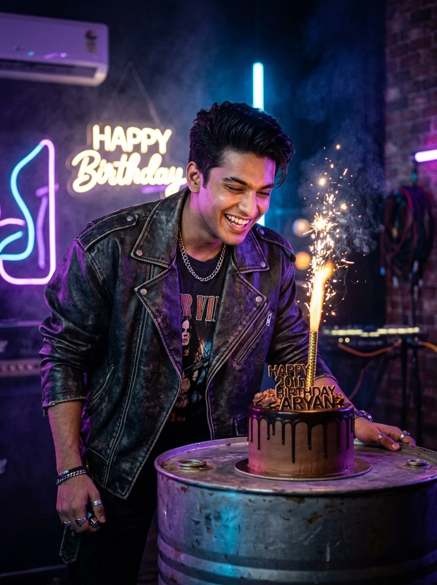 Happy birthday prompt for chatgpt boy - edgy neon cyberpunk midnight cake cutting