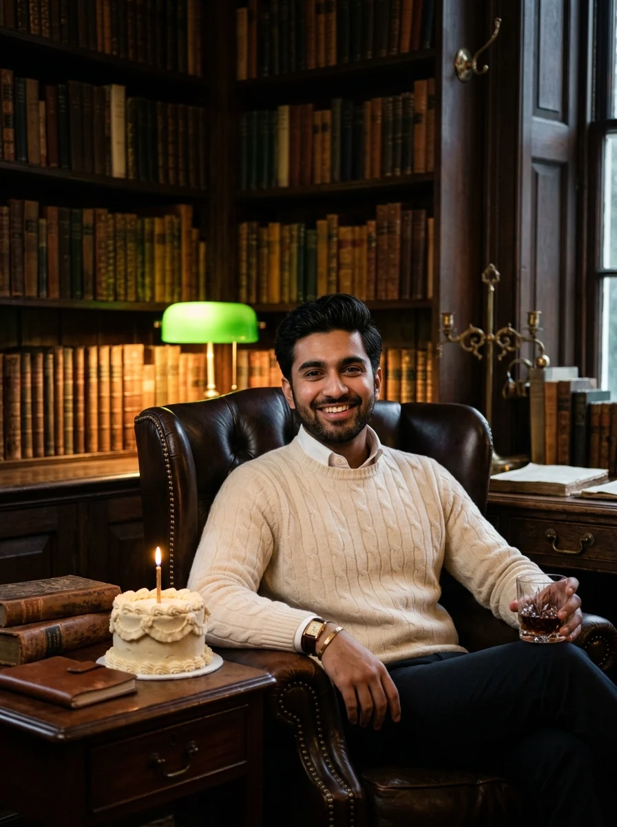 Birthday photo prompt chatgpt for boys - vintage old money library study with bento cake