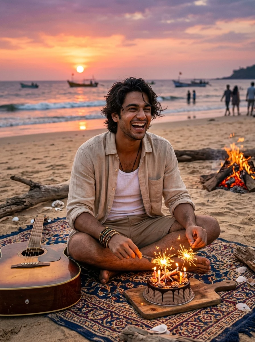 AI birthday prompt for boy - sunset beach bonfire with acoustic guitar in Goa